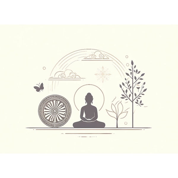 Zen Serenity - Minimalist Buddhist Artwork, Horizontal Bodhi Tree and Dharma Wheel Print, Peaceful Meditation Buddha Illustration