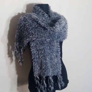 fuzzy chunky scarf, warm winter scarf, cozy neck warmer, women gray neckwear, fluffy charcoal scarf, fringed furry wrap, men cuddle muffler