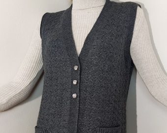 women sweater vest, knit sleeveless cardigan, v-neck handknit jacket, button open sweater, long knitwear waistcoat, gray plain cardigan vest