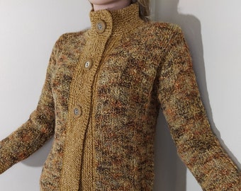 handknit women sweater, turtleneck collar cardigan, knit winter jacket, wool short coat, buttoned sweater, slim fit cardigan, beige knitwear