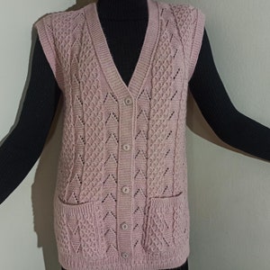 women sweater vest, knit button sweater, handknit sleeveless cardigan, v-neck pockets vest, powder casual waistcoat, soft knitwear
