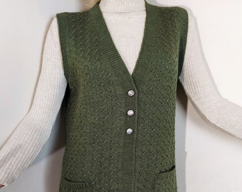 women sweater vest, knit sleeveless jacket, v-neck sleeveless cardigan, button pockets sweater, green long waistcoat, casual warm outfit
