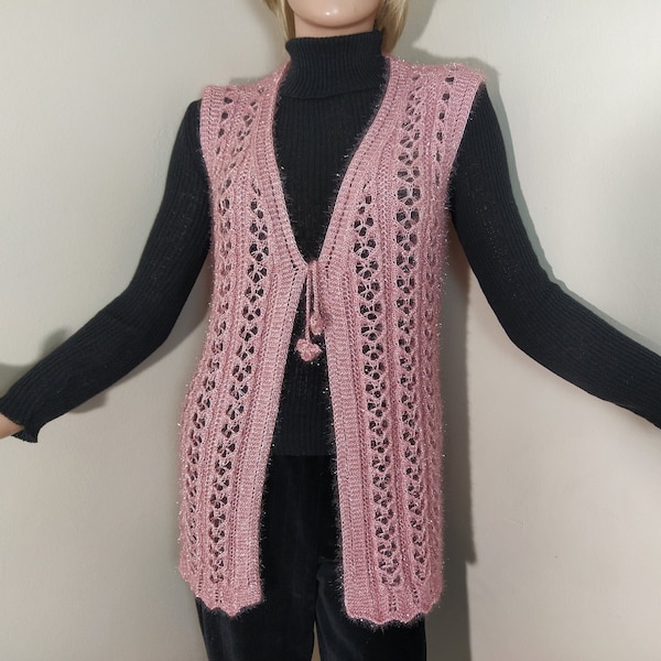 gilet en dentelle pour femme, gilet ajouré argenté, pull ouvert en tricot, veste ajourée tricotée à la main, cardigan à nouer sans manches, gilet léger en dentelle