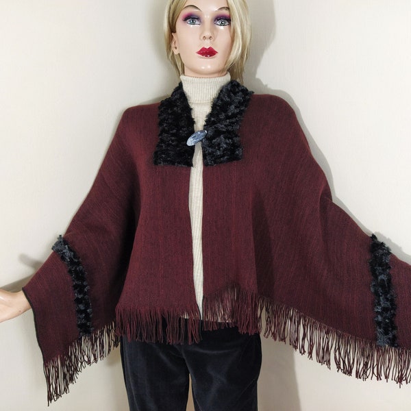 women capelet shawl, warm cover up, rectangle button wrap, blanket sleeveless poncho, lightweight trimmed scarf, burgundy winter stole, cape