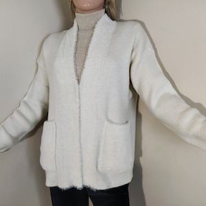 women white cardigan, knit fluffy sweater, furry warm jacket, pockets white sweater, lightweight white knitwear, cozy soft cardigan, outfits