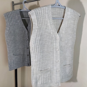 buttoned sweater vest, hand knit women waistcoat, handknit winter sweater, sleeveless v-neck cardigan, pocket warm jacket, casual  knitwear
