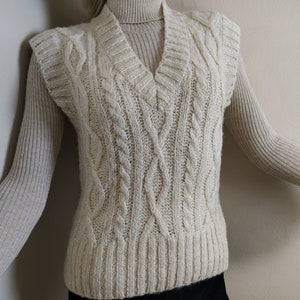 women white sweater, hand knit chunky sweater, v-neck sleeveless pullover, ivory thick jumper, handknit warm top, aran cable knit sweater