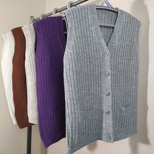 women vest sweater, knit sleeveless cardigan, hand knitted vest, cotton handknit jacket, v-neck cozy waistcoat, winter warm button knitwear