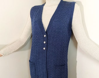 women sweater vest, v-neck sleeveless cardigan, blue long waistcoat, pockets buttoned sweater, knit winter jacket, casual warm cozy outfit