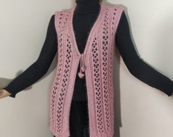 women lace vest, silvery openwork waistcoat, knit open sweater, handknit ajour jacket, sleeveless tie up cardigan, lacy lightweight vest