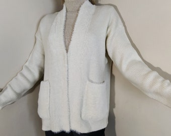 women white cardigan, knit fluffy sweater, furry warm jacket, pockets white sweater, lightweight white knitwear, cozy soft cardigan, outfits