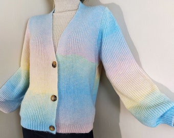 rainbow women sweater, knit colorful cardigan, hand knitted thin sweater, loose handknit cardigan, cozy warm knitwear, winter soft outfit