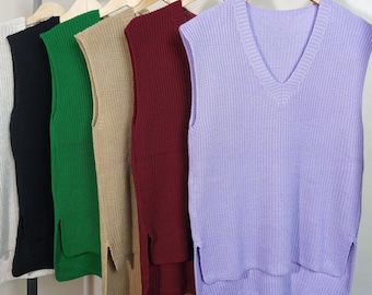 knit sleeveless sweater, women long top, v-neck handknit vest, rib soft jumper, fisherman pullover, tunic sweater vest, side slit knitwear