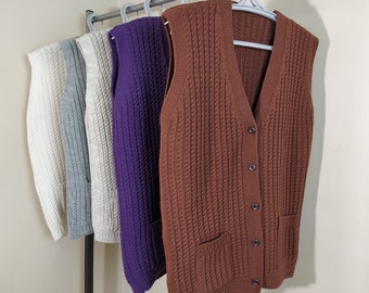 gilet pour femme en tricot, cardigan sans manches tricoté à la main, pull boutonné en laine, veste en tricot à la main, gilet chaud, gilet d'hiver à col en v, tricot pour femme