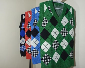 argyle sweatervest, oversized gebreide trui, klassieke damestop, retro mouwloze trui, geruite grote trui, dikke losse dikke trui
