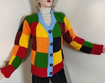 colorful knit sweater, women patchwork cardigan, colorblock hand knitted sweater, winter warm cardigan, v-neck multicolor handknit knitwear