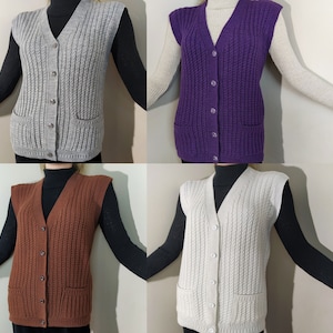 women vest sweater, knit sleeveless cardigan, hand knitted vest, cotton handknit waistcoat, v-neck cozy jacket, winter buttoned knitwear