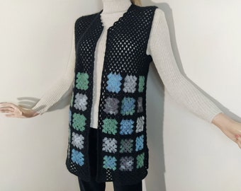afghan granny vest, square mohair cardigan, hand knit wool coat, women warm vest, crochet winter cardigan, handknit vest, knitted sweater