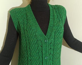women knit vest, green sweater, sleeveless cardigan, v-neck sweater vest, handknit winter waistcoat, buttoned open sweater, cozy knit jacket
