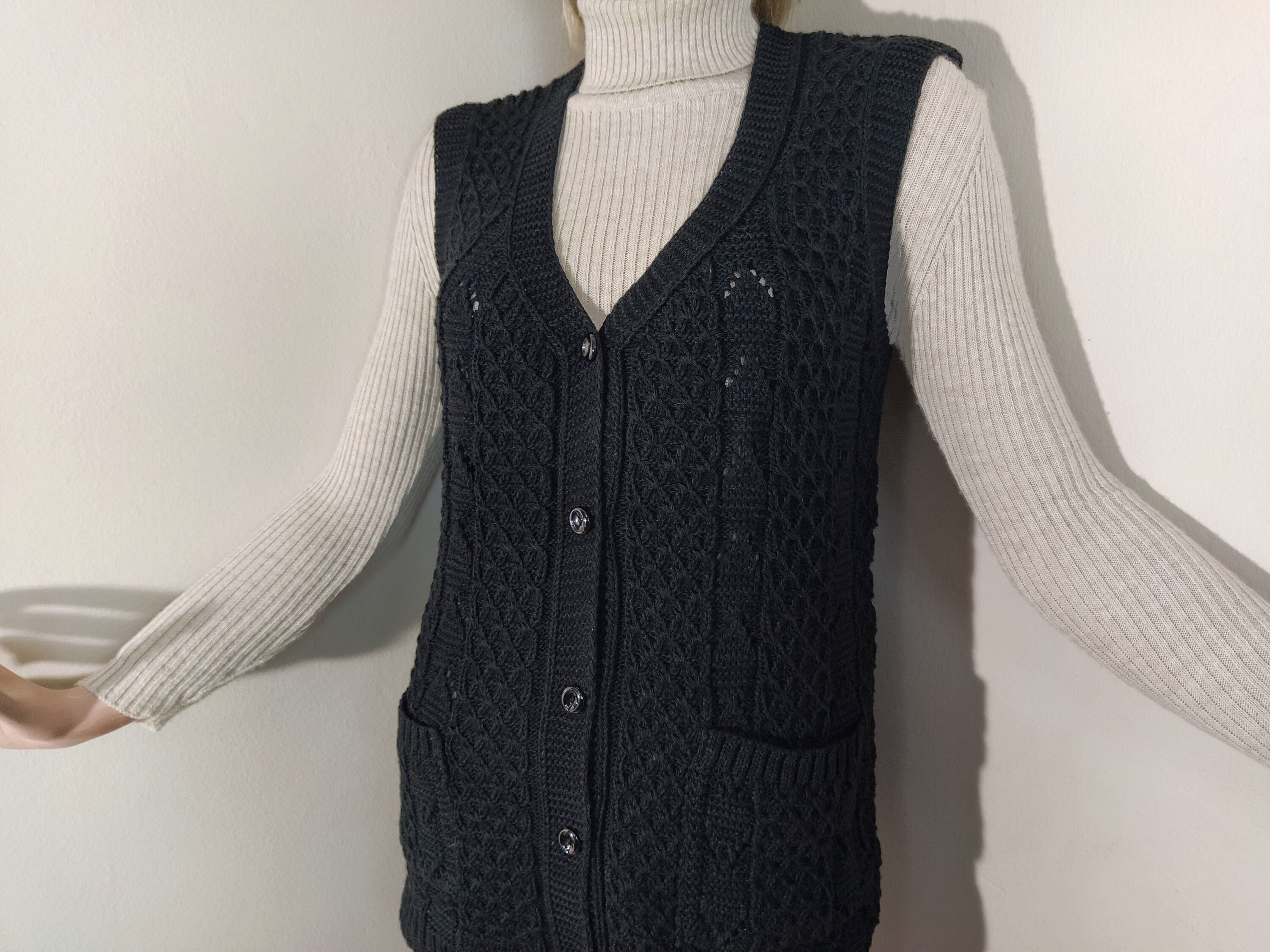 Women Black Vest Knit Sleeveless Cardigan Handknit V neck