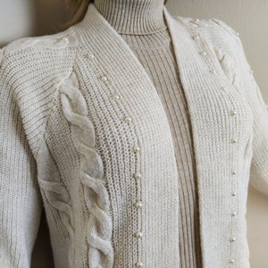 women white sweater, knit rib cardigan, cable fisherman knitwear, aran lightweight sweater, handknit beaded cardigan, pearl open sweater