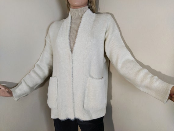 Women White Cardigan Knit Fluffy Sweater Furry Warm Jacket