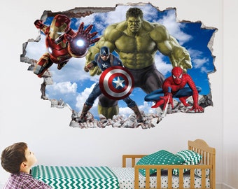 Autocollant Mural de super-héros, affiche murale imprimée, Art Spiderman Iron Man Hulk Captain America EA63
