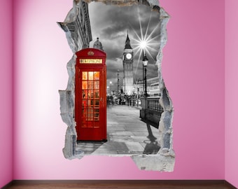 Red Phone Box Booth Big Ben London Wall Sticker Mural Decal Poster Print Art Home Office Decor FZ28