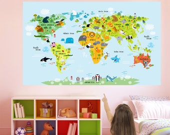 Animales Mapa del mundo Calcomanía de pared Pegatina Mural Póster Impresión Arte Niños Dormitorio Escuela Decoración ES1