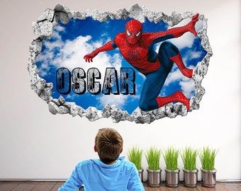 Spiderman super-héros nom personnalisé sticker mural autocollant mural affiche impression art enfants garçons chambre décor EA122