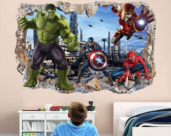 Sticker mural super-héros, affiche murale, impression d'art Spiderman Iron Man Hulk Captain America Avengers EA103