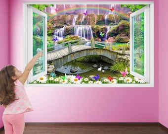 Waterfall Butterflies Flowers Rainbow Wall Decal Sticker Mural Poster Print Art Kids Girls Bedroom Decor HD41