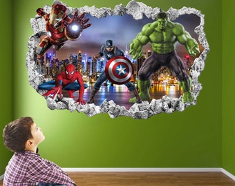 Sticker mural super-héros, affiche murale, impression d'art, Spiderman, Iron Man, Hulk, Captain America, EA120