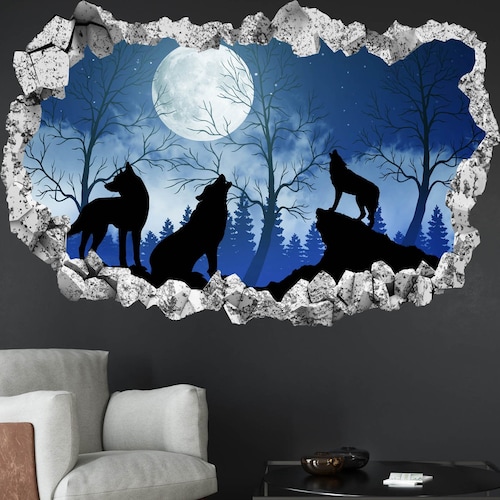 Howling Wolf Moon Wall Art Decor Sticker Wolf Wall Decal Wolf Etsy