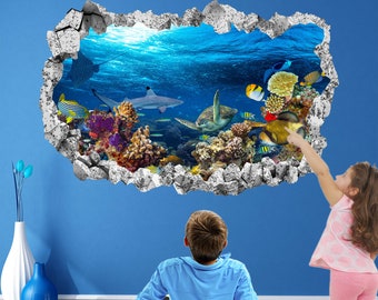 Koraalrif vissen zeeschildpad onderwater muur sticker muurschildering sticker poster print kunst kinderen slaapkamer decor KL13