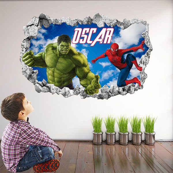 Spiderman Hulk super-héros nom personnalisé sticker mural autocollant affiche murale impression art enfants garçons chambre décor EA123