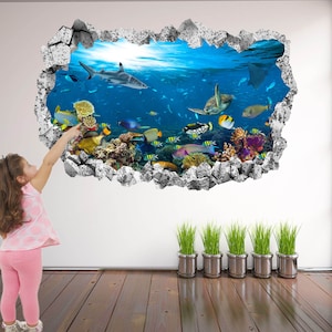 Korallenriff Fische Meeresschildkröte Hai Unterwasser Wandaufkleber Wandbild Aufkleber Poster Kunst Kinderzimmer Dekor KL12