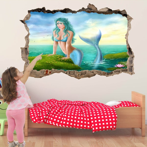 Mermaid Princess Tail Fantasy Wall Sticker Mural Decal Print Art Kids Bedroom Decor Sea Flowers EF5