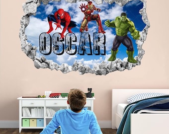Personalized Name Superhero Wall Sticker with Spiderman Hulk Iron Man | Kids Room Wall Decal