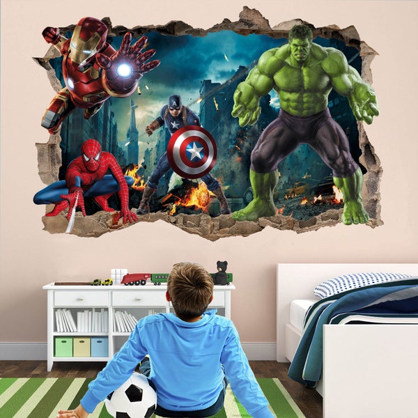 Sticker mural super-héros, affiche murale, impression d'art, Spiderman, Iron Man, Hulk, Captain America, EA73