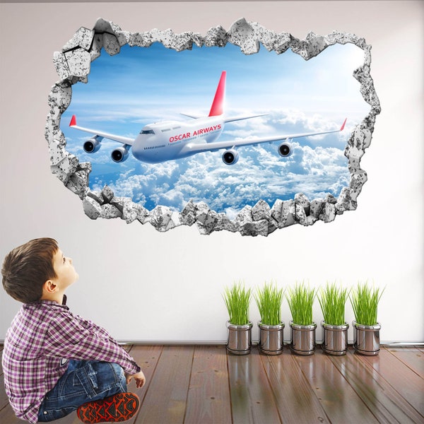 Avion avion personnalisé nom Sticker Mural autocollant Mural affiche impression Art enfants garçons chambre décor KD14