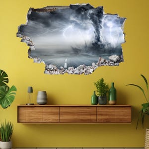 May include: A wall decal featuring a dramatic scene of a tornado and lightning storm, with a road stretching into the distance. The decal is designed to look like a hole in the wall, creating a 3D effect.