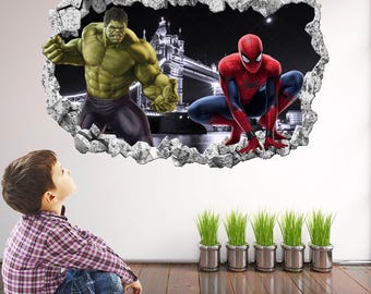 Superhero Wall Decal Sticker for Kids Bedroom | Spiderman Mural | Hulk Print Art