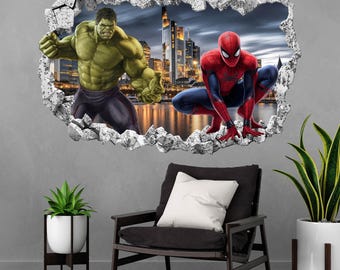 Superhero Wall Decal Sticker for Kids Bedroom | Spiderman Mural | Hulk Print Art