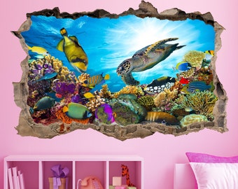 Coral Reef Poissons Mer Tortue Sous-Marine Sticker Mural Sticker Mural Affiche Imprimer Art Enfants Chambre Décor BZ46