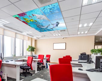 Underwater LED Ceiling Panel Lights - Ocean Scene with Dolphins and Fish - Decorative Light Panels for Dental Clinics, Offices, Hospitals