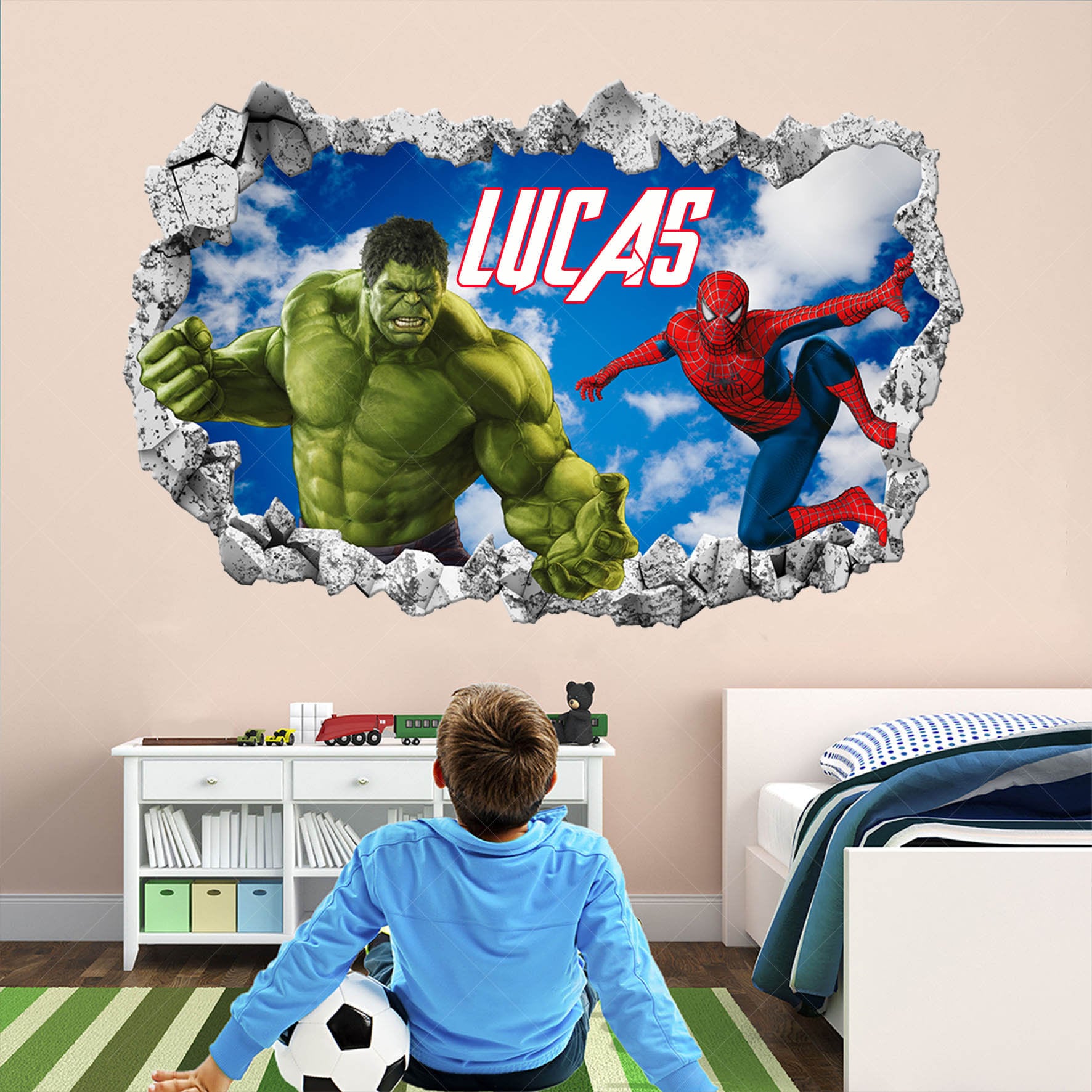 Personalised Name Spiderman & Hulk Wall Decal: Customised Superhero ...