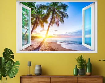 Tropic 3D Window Film, Ocean Tropical Palm Trees on Sunny Island Beach Scene Panoramic View Picture, for Glass Door Bathroom Living Room, W23.6 x L35.4 Inch White Green Blue