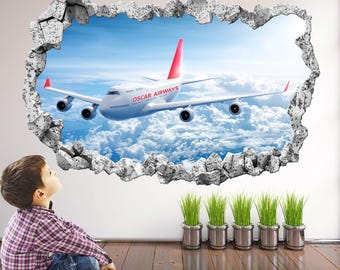 Airplane Personalised Name Wall Decal Sticker | Aircraft Wall Mural for Boys Bedroom | Custom Name Wall Art - KD14