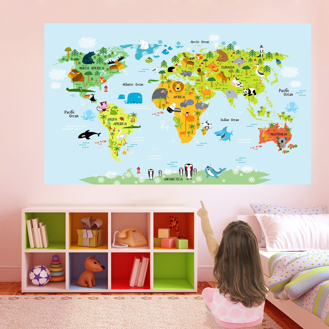 Animals World Map Wall Decal Sticker Mural Poster Print Art Kids ...